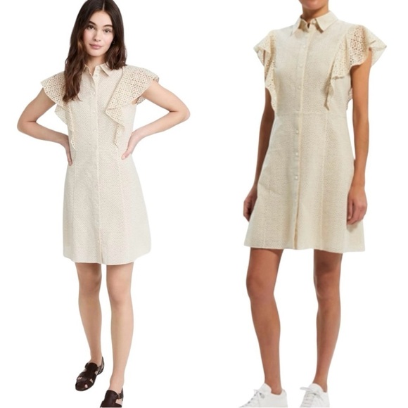 THEORY Nova Eyelet Ruffle Sleeve Button Down Mini Dress Shirtdress Size 4 NEW - Picture 4 of 10